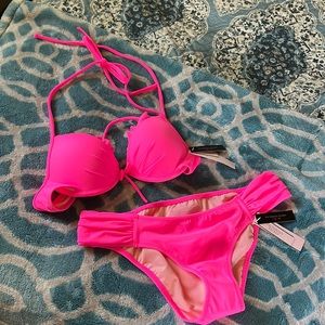 Victoria’s Secret 32A Bikini Push Up & Hipster Bikini Bottom Small-Pink NWT
